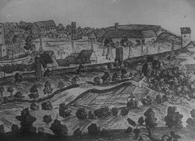 Südliche Stadtmauer, vom Lindenberg aus gesehen 1751
<br>- Harzbücherei Wernigerode